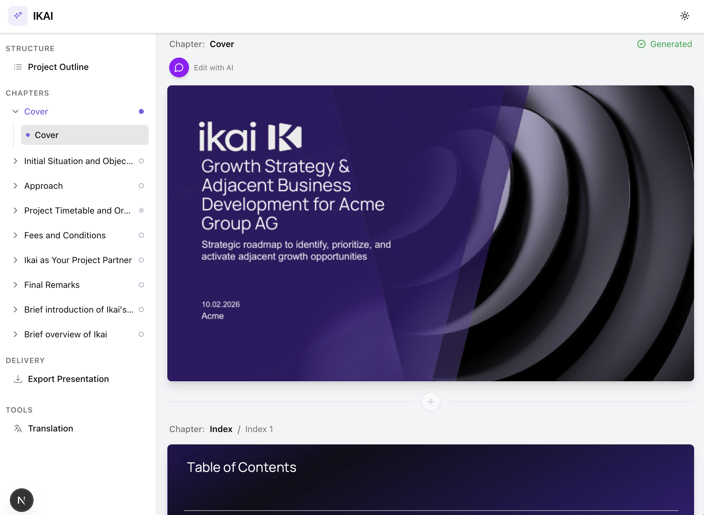 IKAI Proposals interface showing a generated strategy document